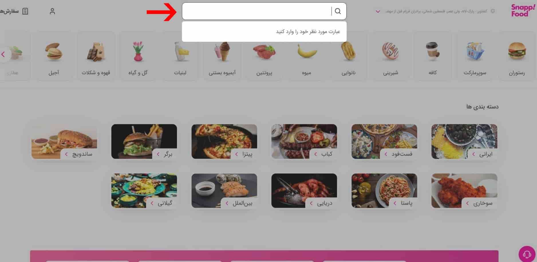 جستجو غذا در اسنپ فود
