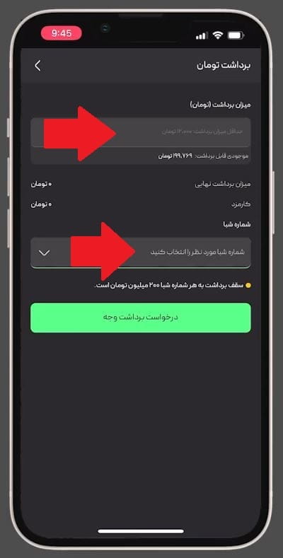 مرحله 4: وارد کردن مبلغ برداشت