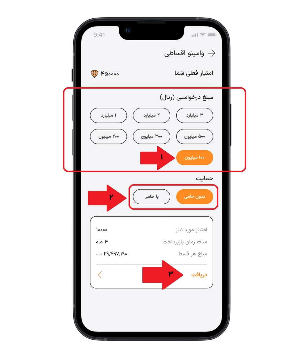 مرحله سوم: انتخاب مبلغ و شرایط بازپرداخت وام